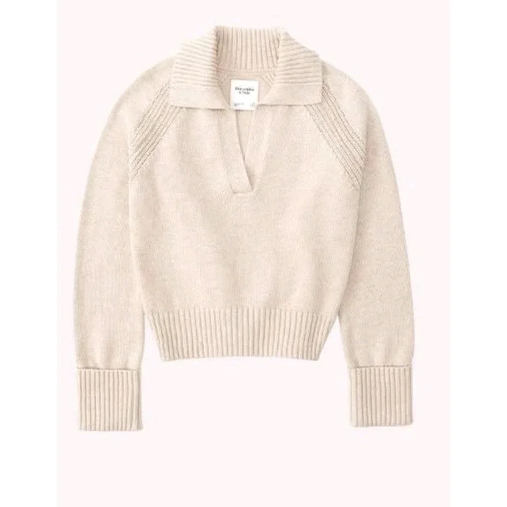 Abercrombie & Fitch Sz S Heathered Oatmeal Collared Notch Neck Knit Sweater - Picture 3 of 9